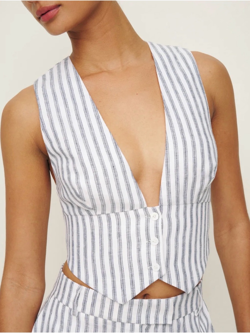 Reformation Sofia Cropped Linen vest in Antibes Stripe
